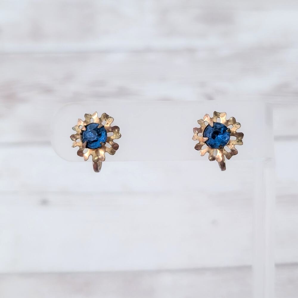 Vintage Screw Back Earrings Blue Gem Flower Like Halo - Fair Condition